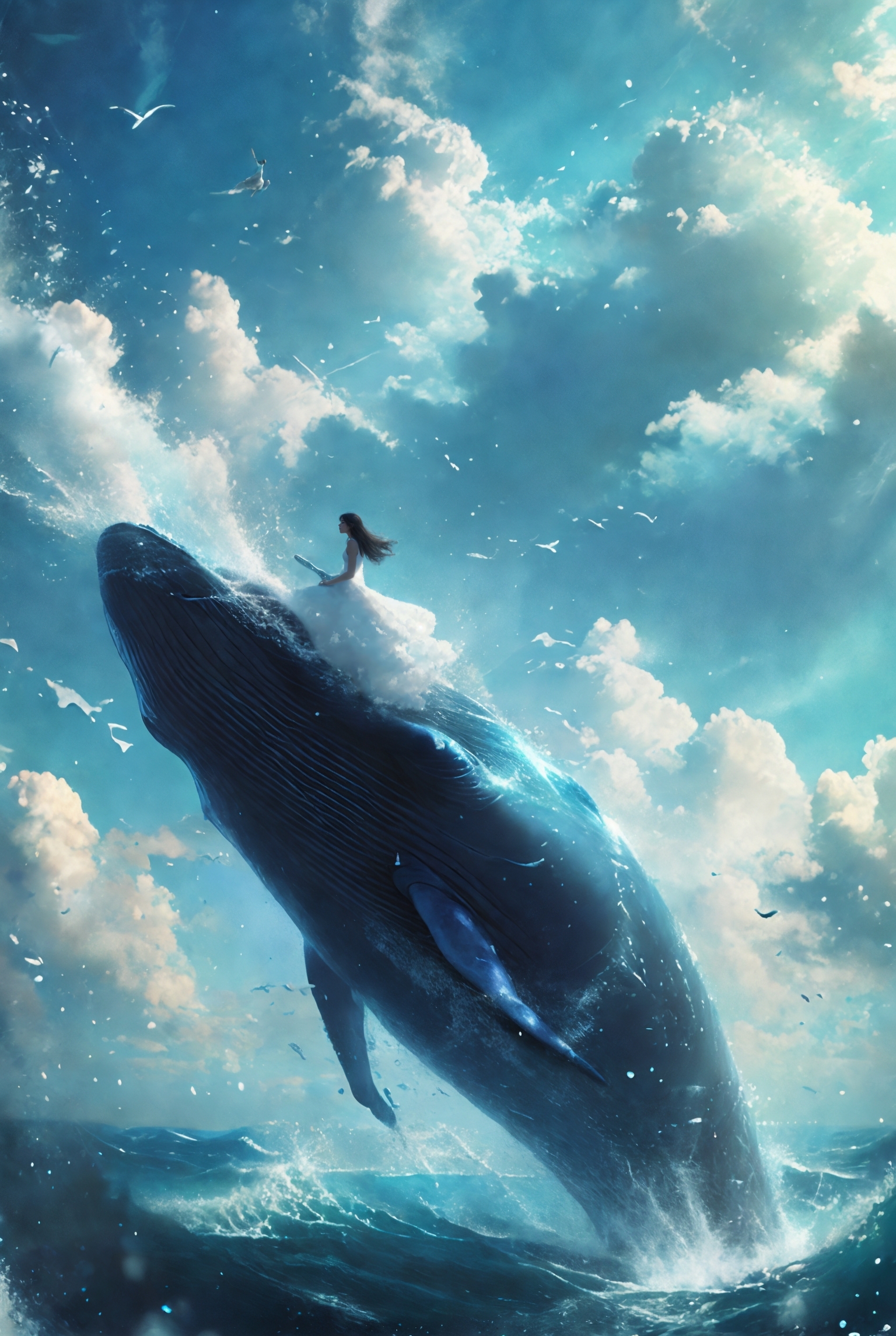 606247209521970416-3325189535-xuer Big whale, 1girl, dress, cloud, sky, long hair, scenery, outdoors, solo, white dress, day, black hair, blue sky, sleeveless.jpg